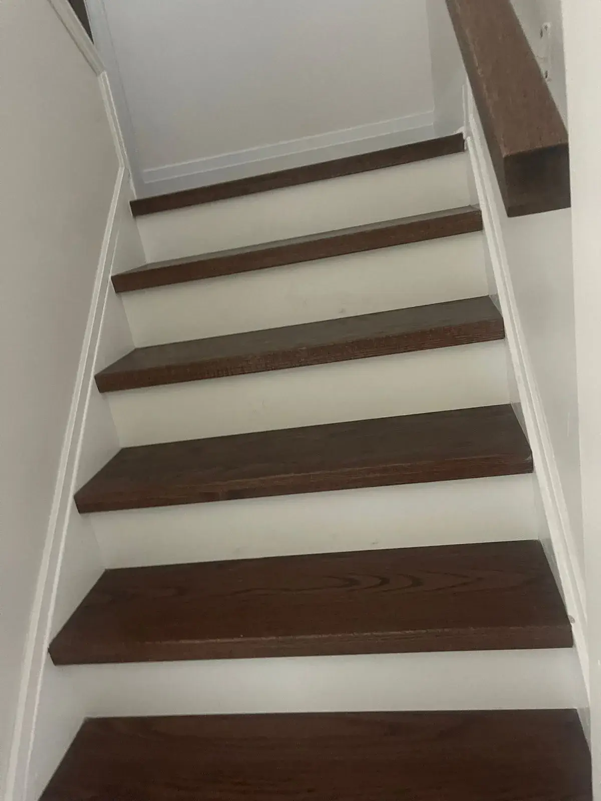 Staircase with dark-stained hardwood treads and white risers